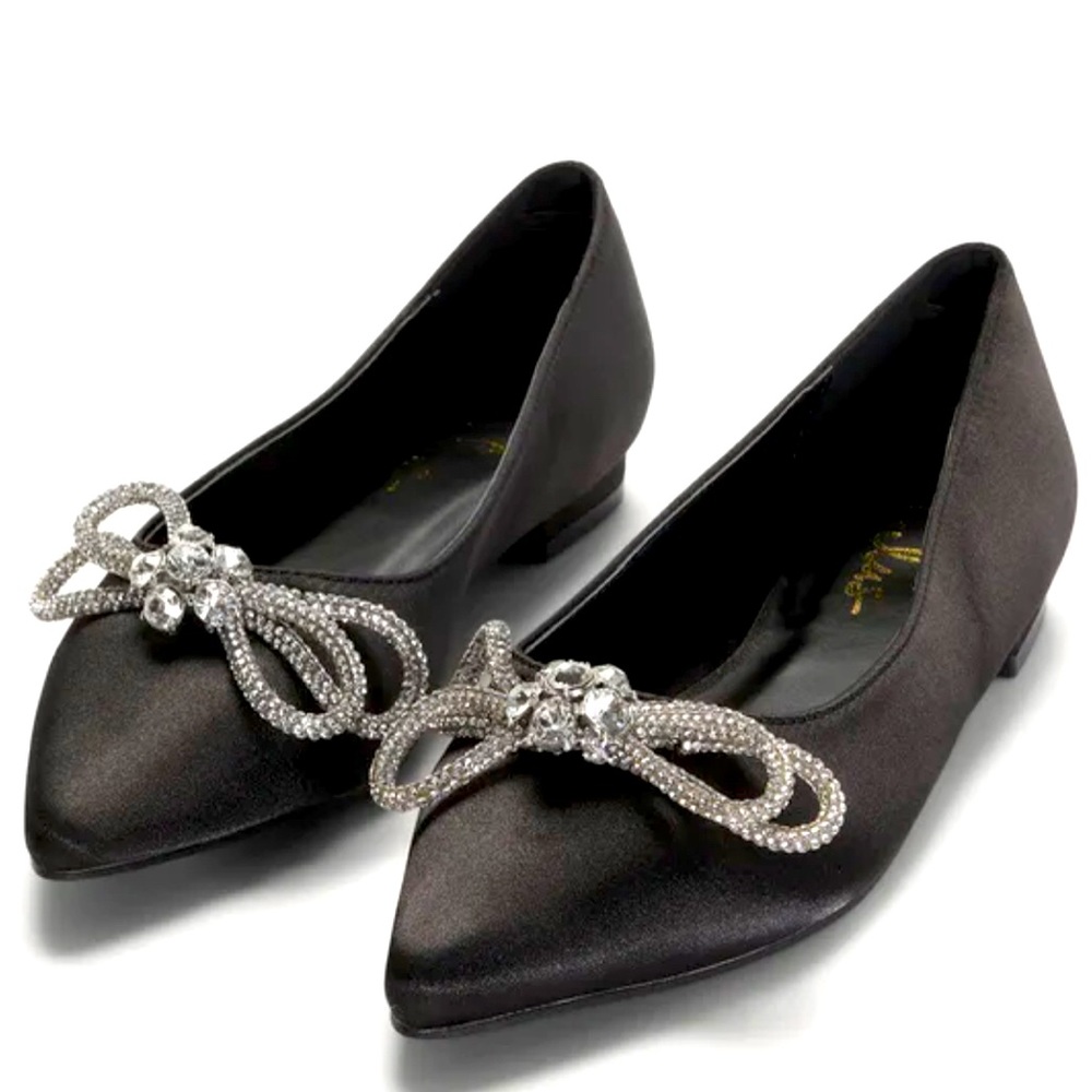 LULUS Bowful Black Satin Rhinestone Pointed-Toe Ballet Flats size 9